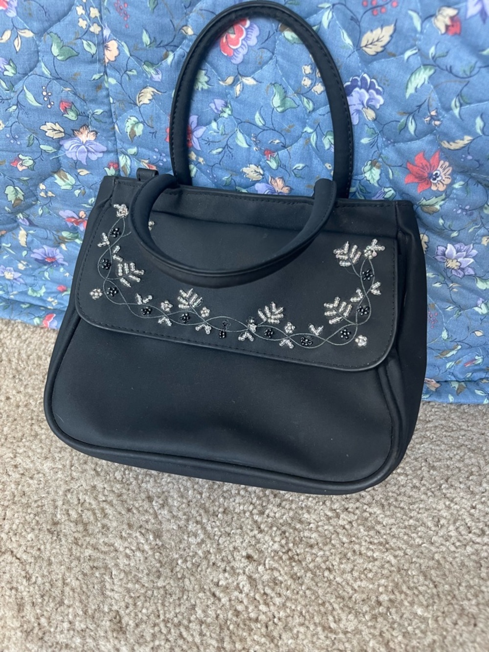 Black Embellished Floral Flap Handbag